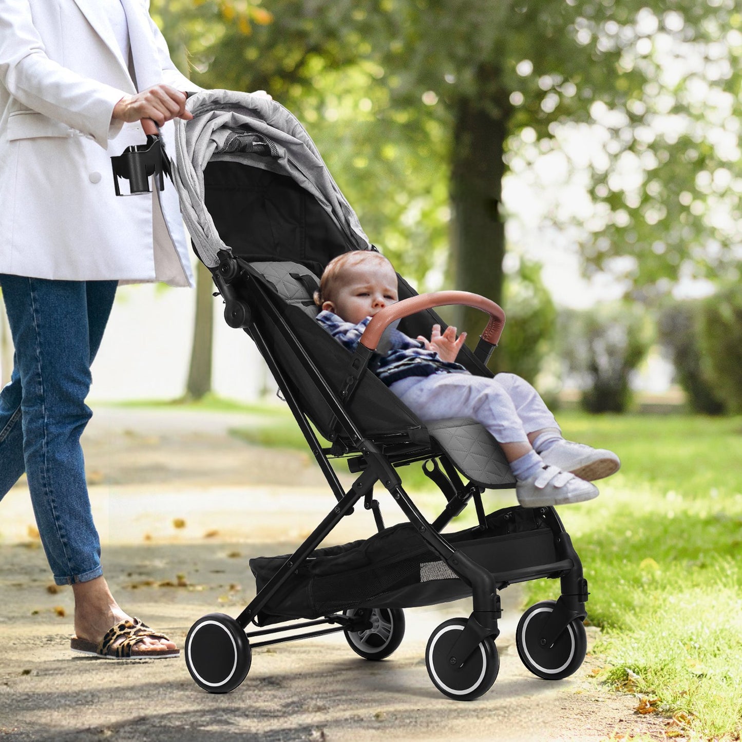 VEVOR Baby Stroller – Lightweight, Foldable, Adjustable with Cup Holder & Carry Bag (Light Grey)