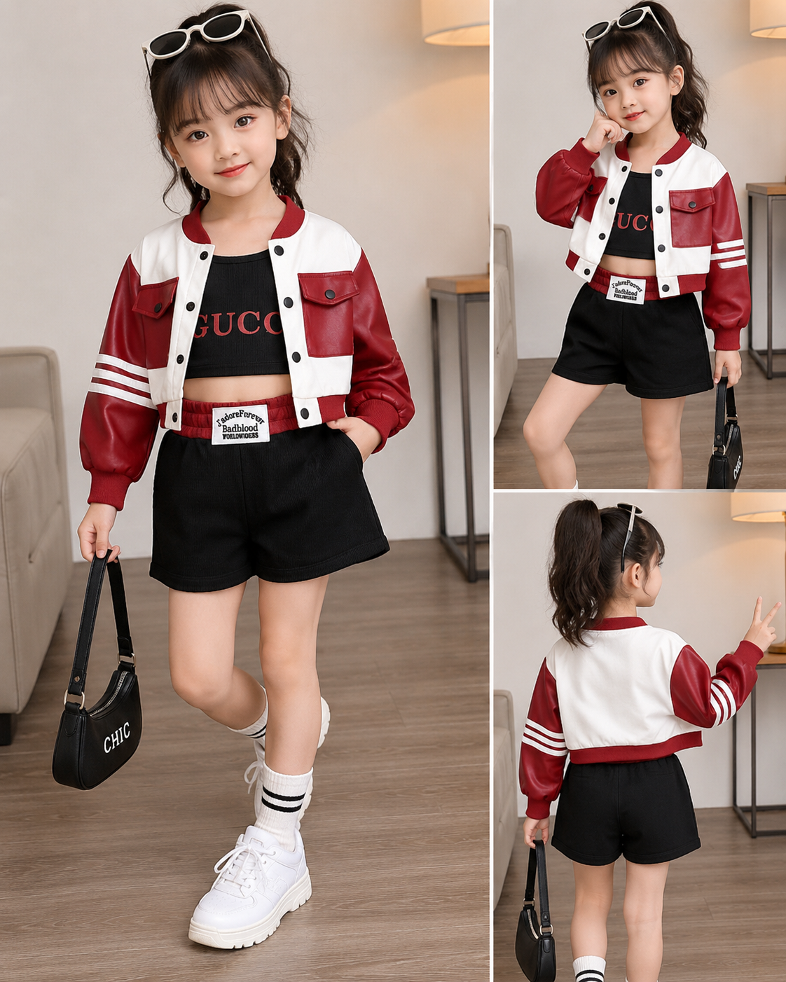Kids Fashion 3-Piece Jacket Set (Red & Black)