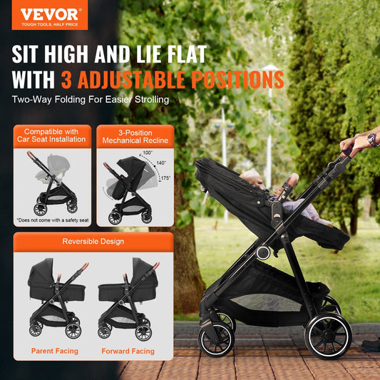 VEVOR Baby Stroller – Foldable, Reversible Seat with Bassinet & Adjustable Backrest (Black)