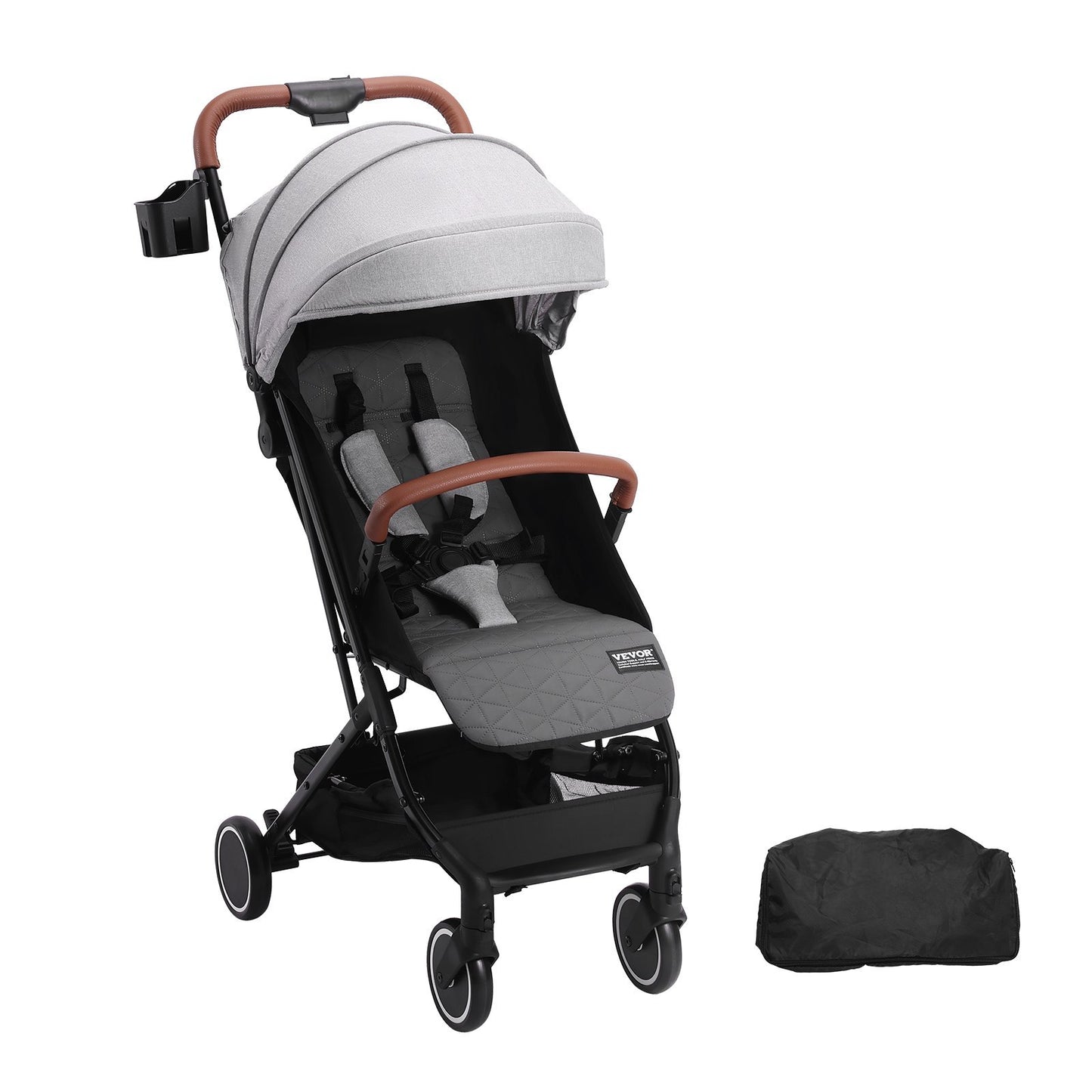 VEVOR Baby Stroller – Lightweight, Foldable, Adjustable with Cup Holder & Carry Bag (Light Grey)