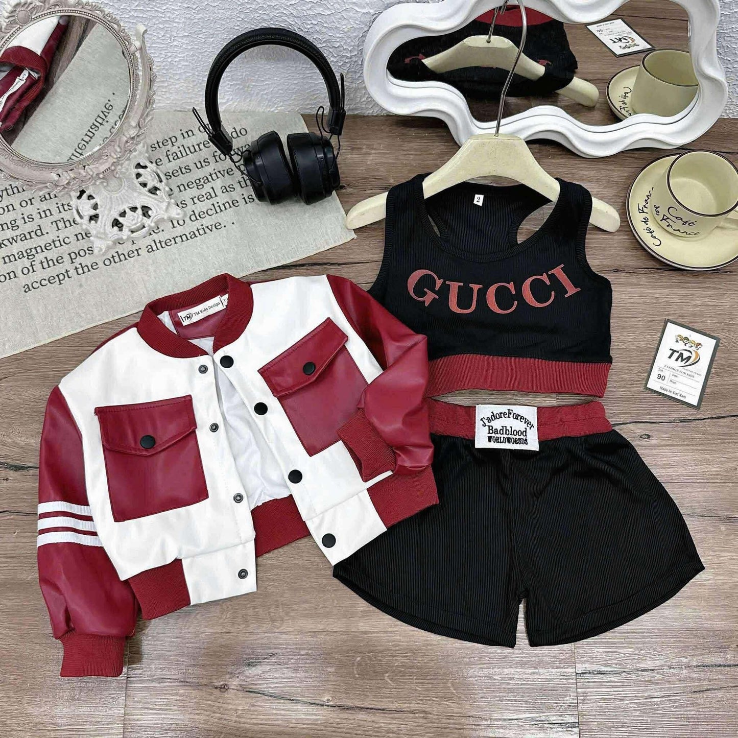 Kids Fashion 3-Piece Jacket Set (Red & Black)