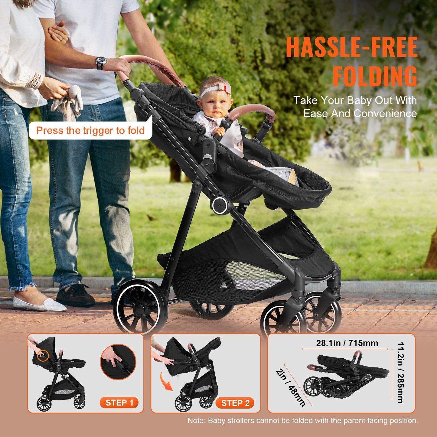 VEVOR Baby Stroller – Foldable, Reversible Seat with Bassinet & Adjustable Backrest (Black)