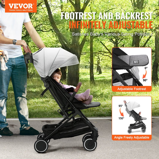 VEVOR Baby Stroller – Lightweight, Foldable, Adjustable with Cup Holder & Carry Bag (Light Grey)