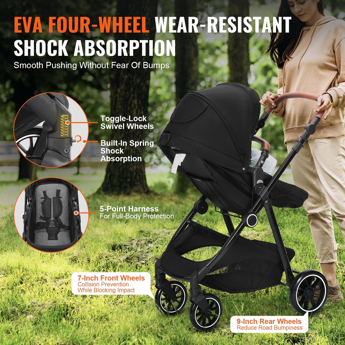 VEVOR Baby Stroller – Foldable, Reversible Seat with Bassinet & Adjustable Backrest (Black)