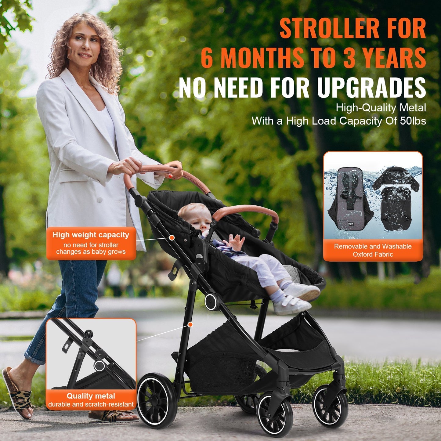 VEVOR Baby Stroller – Foldable, Reversible Seat with Bassinet & Adjustable Backrest (Black)